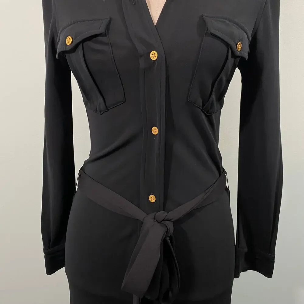 Tory Burch Women Black with Gold Buttons Button Up Jersey Shirt Dress Size XS